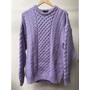 Carraig Donn Traditional Crew Neck Aran Sweater Lilac Merino Wool Large